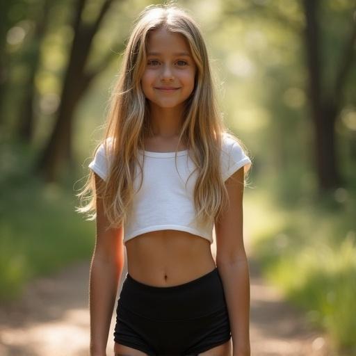 Young girl in a forest with blonde hair and tan skin wearing black shorts and a white crop top. She is smiling and holding a phone while walking along a dirt path surrounded by trees and sunlight.