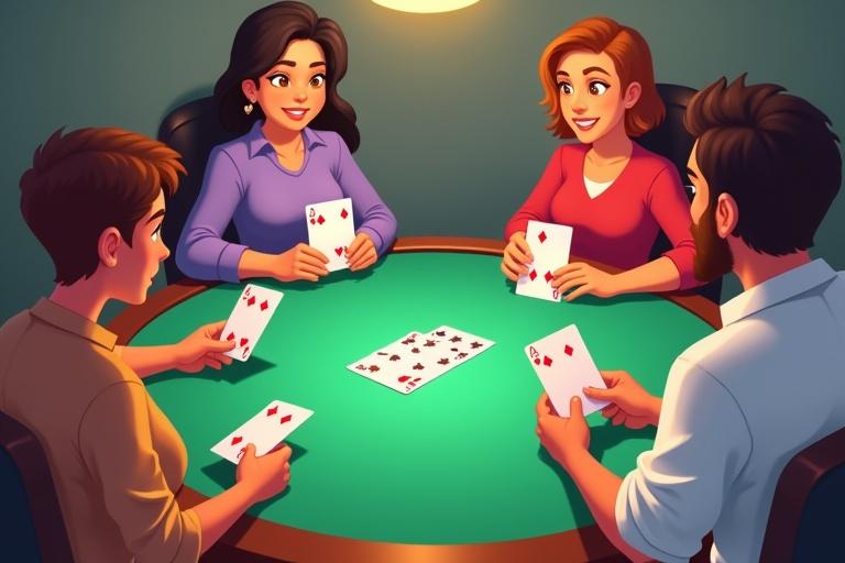 Design a lively 2D scene featuring diverse individuals engaging in a rummy game. Characters seated around a table. Cards held with backs visible to opposing players. Emphasize strategic gameplay with hands angled toward chests. Use modern 2D cartoon aesthetics. Camera angle slightly overhead to highlight interactions. Characters show exaggerated expressions. Central card deck and discard pile included. Cards have uniform marine-colored backs. Discard pile shows only the top card. Color palette includes salad-green and gray. Soft directional lighting for textures. Create a mood of friendly competition.