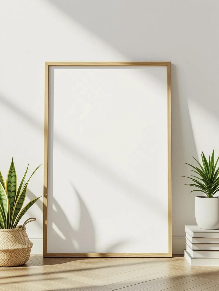Photorealistic scene of an empty picture frame leaning against a light-colored wall. Frame is in landscape orientation A3 size. Wooden frame is thin and subtle. Inside shows a flat, white surface with no texture. Frame stands on wooden floor near a small plant or stack of books. Lighting is soft and even.