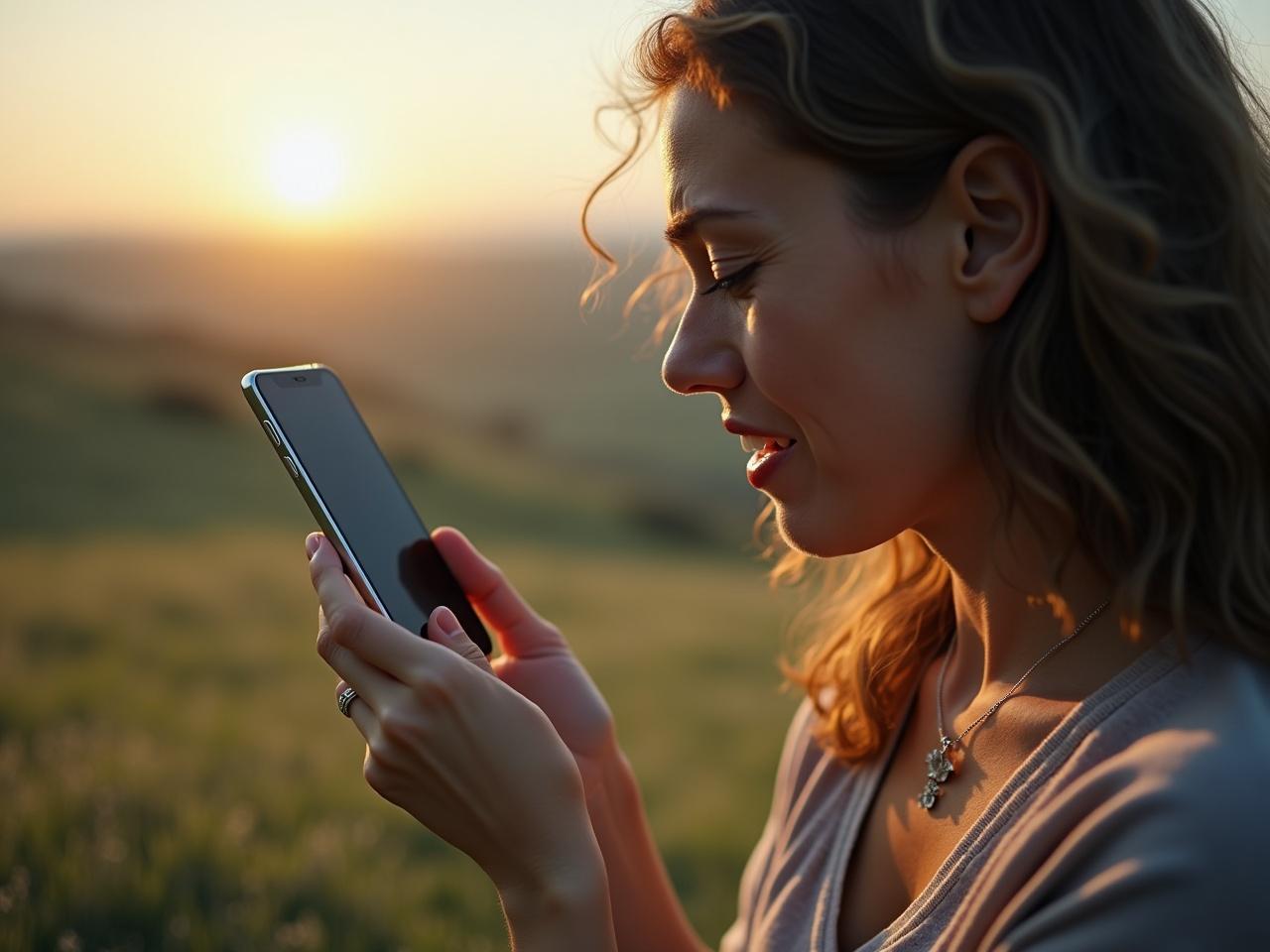 The image depicts a young woman in profile, intently looking at her smartphone. She is surrounded by nature, with a beautiful sunset casting a warm glow around her. The scene captures a serene moment of connection, as she engages with the device. The soft light highlights her features and the details in her hair. This image conveys the blend of technology and nature in her daily life.