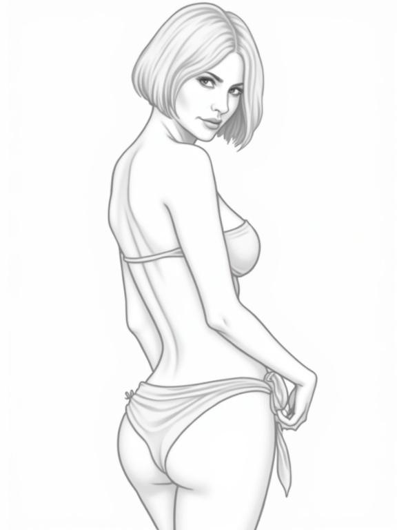 Vector illustration of a mature woman with short hair wearing a bikini and sarong. The image focuses on curvy features and toned abs. The design is outlined in black and white. The woman is depicted from the side.