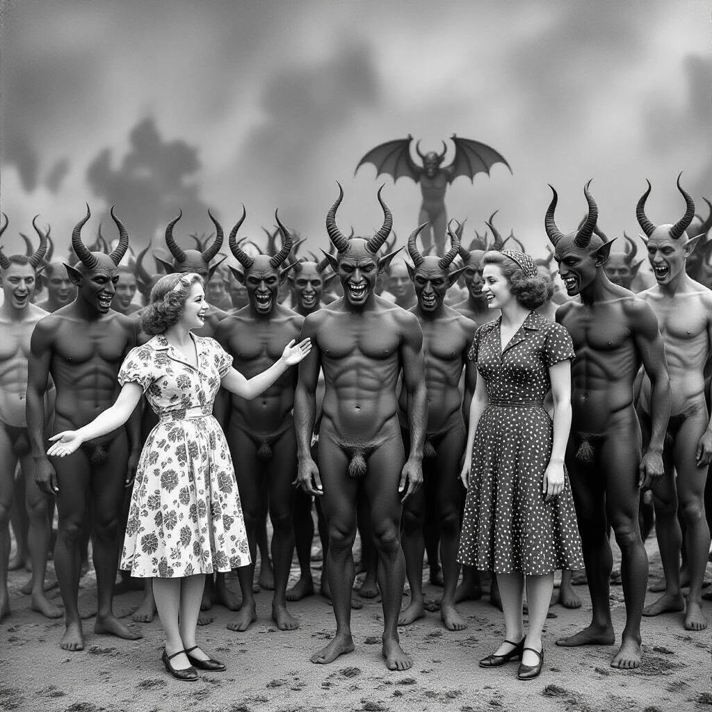 1940s black and white photo depicting a crowd of muscular horned demons. Two women are in vintage dresses engaging with the crowd of demons. They are noticeably different from the rest. The background is cloudy and ominous.