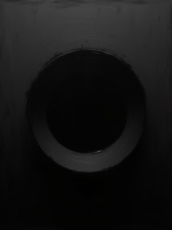 Extremely rough oil painting on a completely black background. A giant silhouette eye emerges from the top right corner. The eye is completely black and the iris is filled with a dark void.