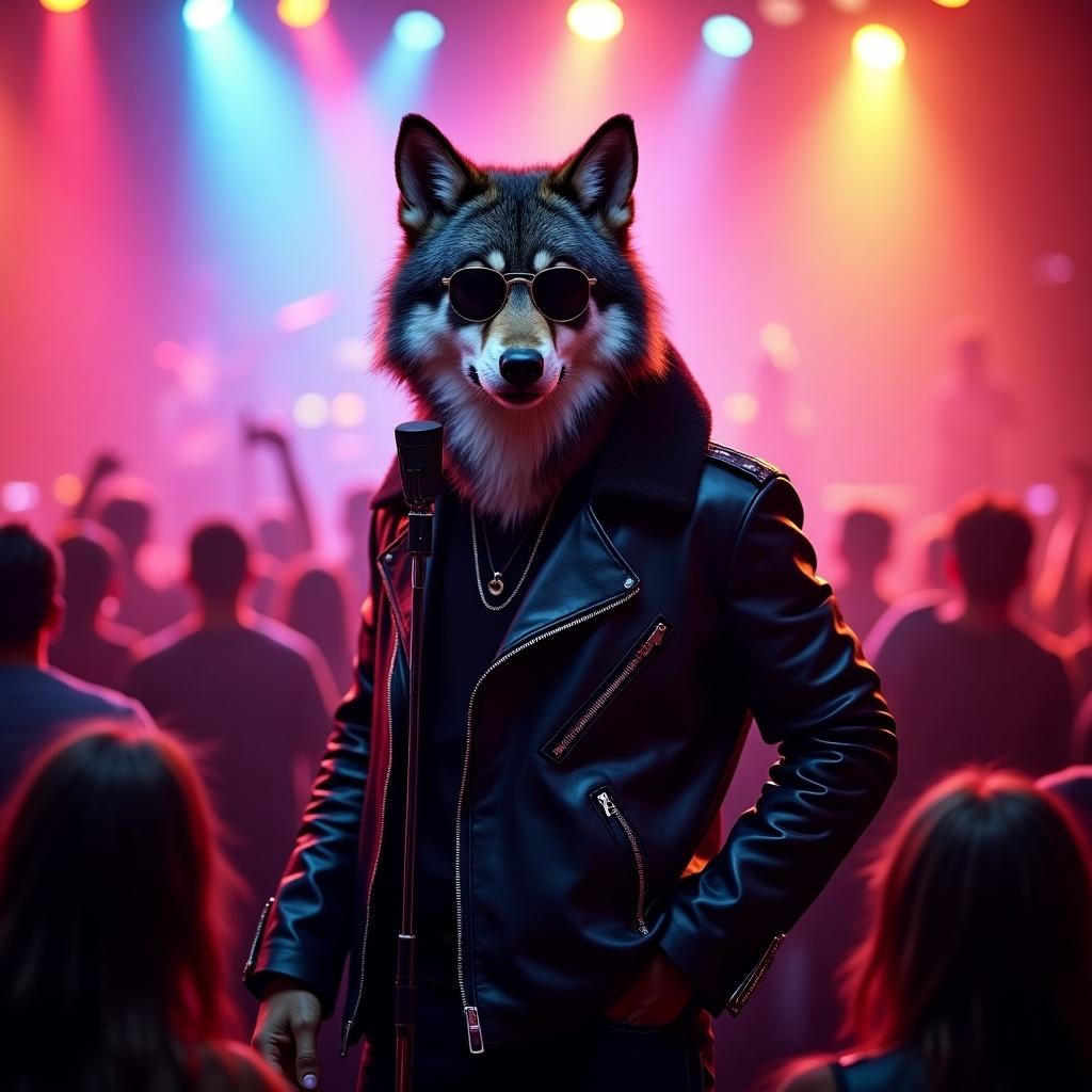 Lively concert scene featuring a trendy wolf in a leather jacket. Wolf wears sunglasses and stands confidently by a microphone. Colorful lights illuminate the energetic crowd in a vibrant rock concert atmosphere.