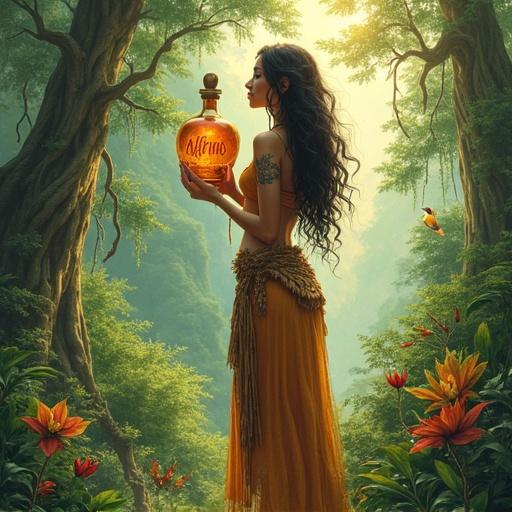 Tribal goddess stands guard in a vibrant rainforest. Delicate tattoos on her arms. Holding a shimmering apothecary-style bottle labeled 'ALFRUNO.' Surrounding life includes exotic birds, colorful flowers, ancient towering trees. Artwork in a soft watercolor style, reminiscent of Mucha and WLOP. Gentle greens, golds, earthy tones dominate, creating tranquility and beauty.