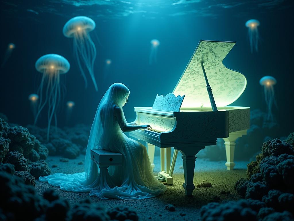 A glowing piano made from whalebone and coral. Ghostly pianist playing it. Deep under the ocean. Glowing jellyfish drifting around. Ancient sea spirits floating in the background. Bioluminescent light illuminating the pianist. Fantasy underwater atmosphere. Highly detailed, magical and emotional.