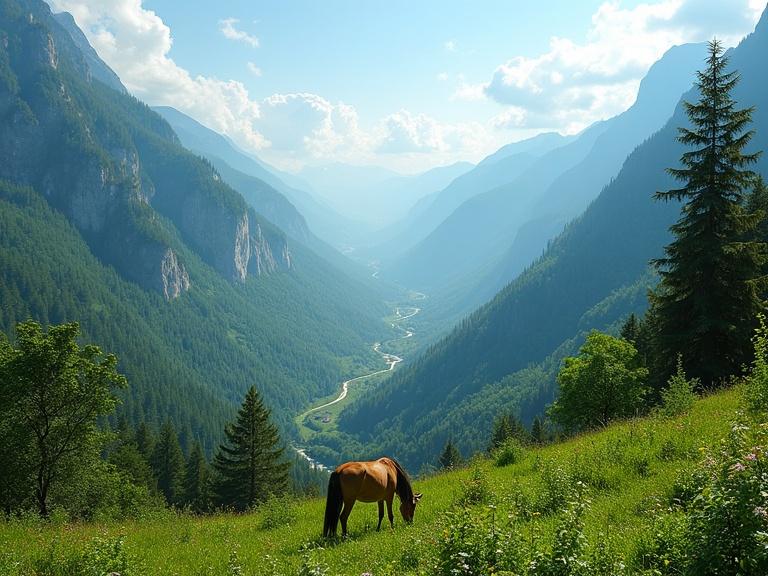 Fantasy world viewed from mountain top with a vast green valley. Trees and fruit trees present along the river. Animals coexist peacefully drinking from riverbanks. Small groups of simple but beautiful houses. Sun shining brightly but not too hot. High definition quality.