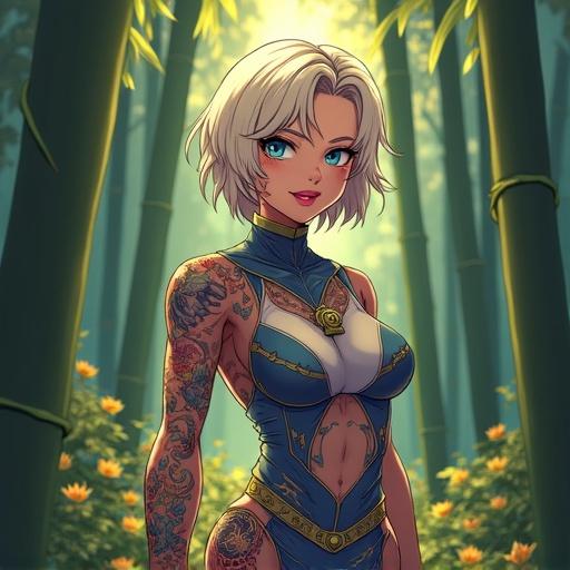 Anime character in bamboo forest. Woman with light blonde hair. Frosted blue eyes and beautiful face. Wearing edgy ninja bodysuit. Tattoos are colorful and traditional Japanese. Displaying confidence with a grin. Surrounded by light gold Ki.