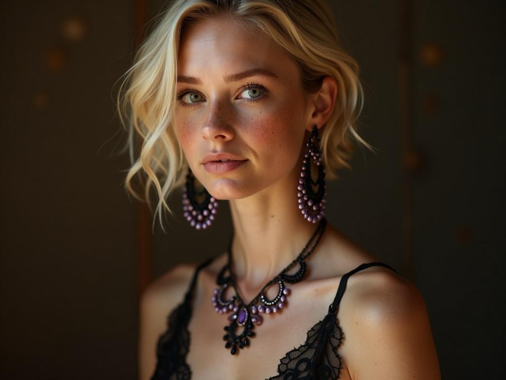This image features a young woman with a light skin tone, short blonde hair, and prominent freckles. She is wearing a delicate black lace garment that subtly showcases her figure. The composition captures her from the shoulders up, with a soft focus on the background, creating a serene and intimate atmosphere. The lighting is warm and enhances her features, particularly her glistening eyes and subtle makeup. She accessorizes with elaborate jewelry—a necklace and large earrings adorned with black and purple beads, adding elegance to her overall look.