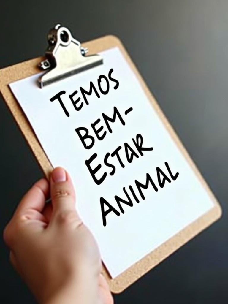 Close-up of a hand holding a clipboard. Clipboard displays handwritten text. Text says Temos Bem-Estar Animal. Brightly lit environment. Focus on the clipboard