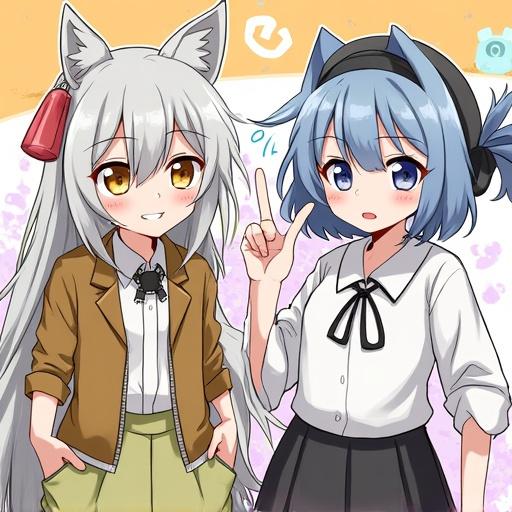 Anime characters with animal ears. One character with long hair and gray outfit. The other character has short blue hair and a white outfit. Both have smiling expressions in a playful pose.