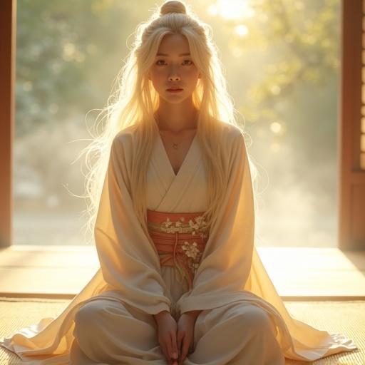 A semi-realistic wonderful portrait of an ethereal young woman embodying divine light and Japanese grace. She sits in traditional seiza posture. Her golden hair cascades over her shoulders. She wears elegant white and gold ceremonial robes decorated with patterns and wildflowers. She sits on a tatami mat surrounded by soft morning mist and light. A gentle halo of golden light surrounds her.