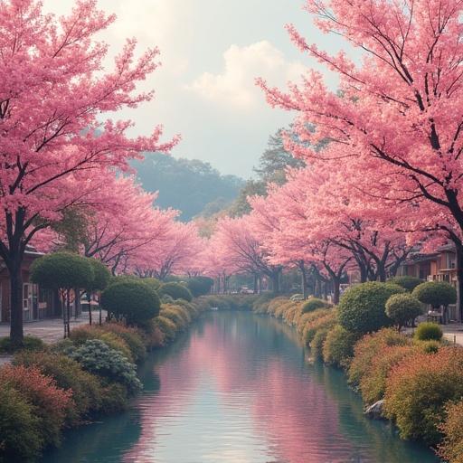 Japan in spring with cherry blossoms in full bloom along a canal.