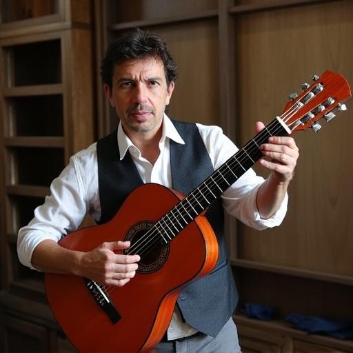 A man holds a guitar with a confident expression. He is dressed in a smart casual outfit. The setting has wooden elements suggesting a cozy atmosphere.