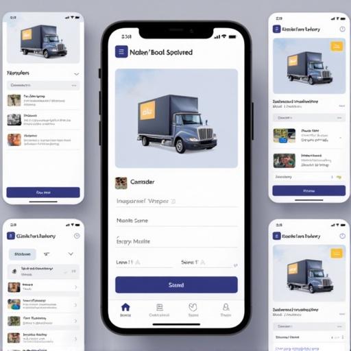 Visual representation of a delivery app showcasing various screens. Features include a delivery truck, user profiles, and order management. Designed for mobile interface. Clean and modern layout with easy navigation.