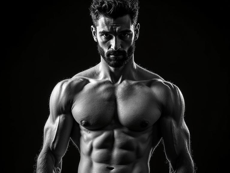 Muscular man in front of a black background. He stares intensely into the camera. Shot from a dutch angle. Style resembles a hyper-detailed graphite sketch with high contrast similar to Sin City.