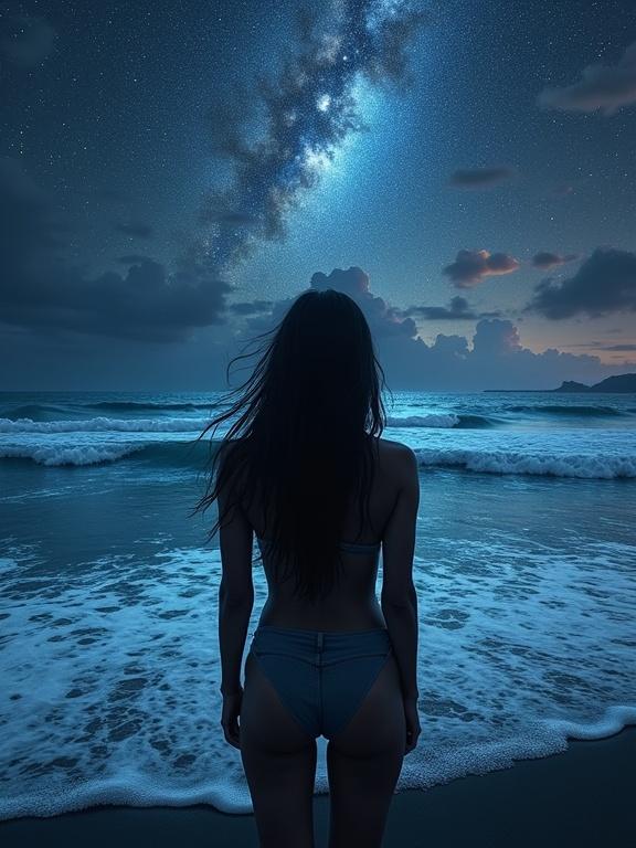 Image of a woman standing on a beach at night facing the ocean. The sky is filled with galaxies. Water reflects the stars. The art style is digital matte painting. Scene is atmospheric and dramatic with intricate details.