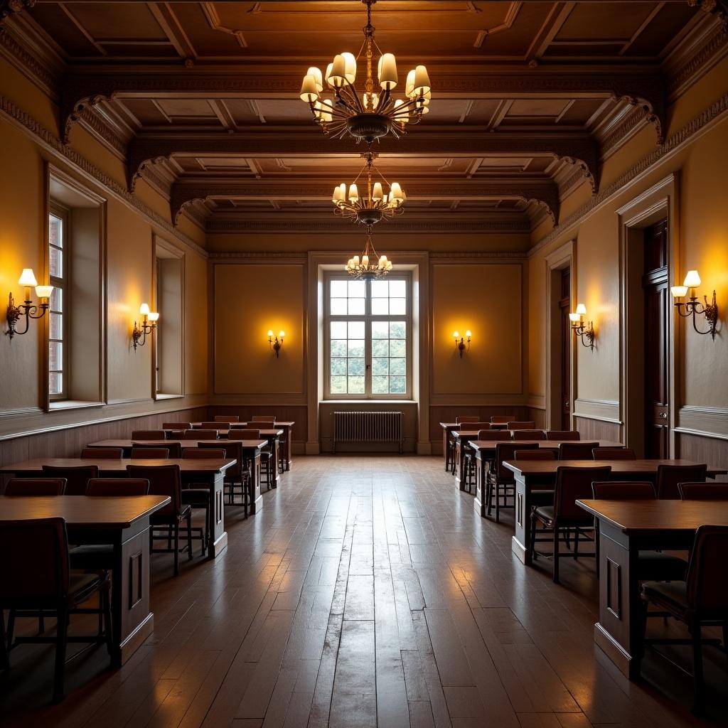 Photorealistic interior of a German fraternity house shows a spacious room with tables and chairs. There are large windows letting in natural light. The decor features wall sconces and chandeliers. The setting is warm and inviting with wooden floors and classic architectural details.