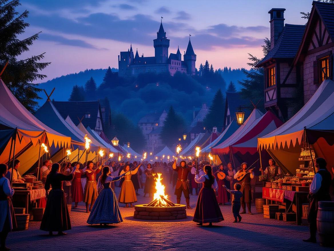A medieval village open-air festival at dusk with vibrant tents. Townsfolk wearing period attire dance around a bonfire. Jugglers toss flaming batons. Musicians play flutes and lutes. Children chase each other between stalls selling spiced meats and candied apples. A castle looms in the background on a hill under a lavender sky. Warm lighting and detailed photorealism create a festive mood with shallow depth of field.