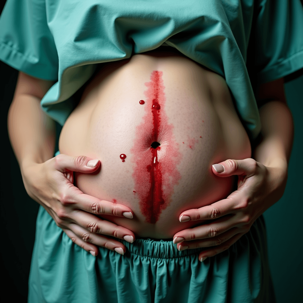 A pregnant belly with surgical scrubs and red paint simulating a surgical incision, evoking themes of expectancy and medical intervention.