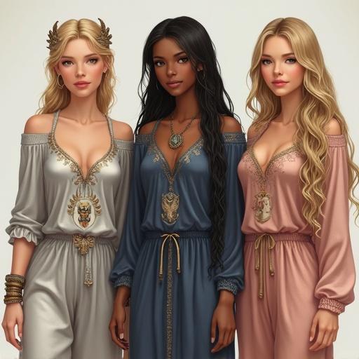 Three distinct mythological goddesses in sacred pajamas. Athena with blonde hair and silvery pajama. Isis has braided black hair and indigo pajama. Freyja with golden hair and rose-gold pajama. Unique ornaments on shoulders and waist.