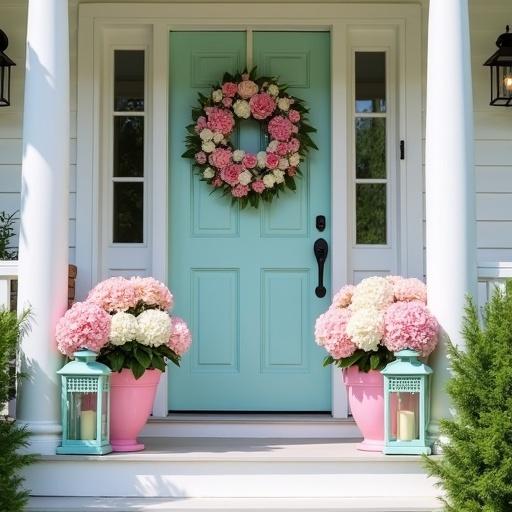 Bright sunny day no dark shadows White front porch Light aqua door Light pink rose and white hydrangea wreath Light pink roses and white hydrangeas in big flower pots Big two foot tall light aqua lanterns next to each flower pot with candles Little pink and white twinkle lights on wreath Lights on inside the house