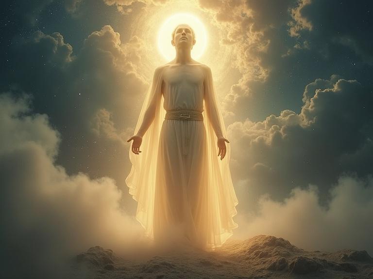 Translucent ethereal figure representing Enoch between Earth and a glowing heavenly realm. Soft light surrounds the figure. Image is in a 9:16 aspect ratio.