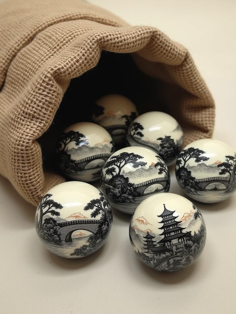 Hyper-realistic round marbles with Japanese landscape ink designs on granite. Depiction of arched bridges and pagodas. Spilling from a worn, pliable sack made of light brown canvas.