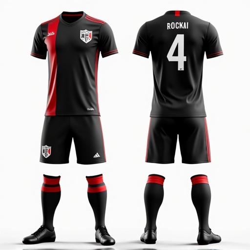 Design of a football kit. Predominantly black with white and red accents. Club logo placed on the left side of the chest. Player name and number displayed on the back. Additional details on the neck and sides of the pants.