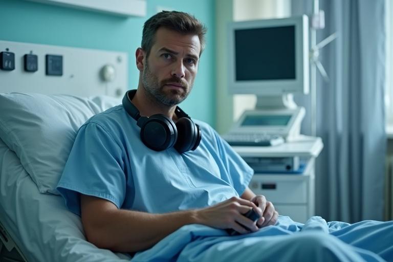 A man sits on a hospital bed wearing a hospital gown. He has large headphones around his neck. He holds a TV remote in one hand. The posture is slightly slouched. The expression is thoughtful. The room is softly lit with a bluish tone. Medical equipment is visible in the background. The atmosphere is calm and introspective.