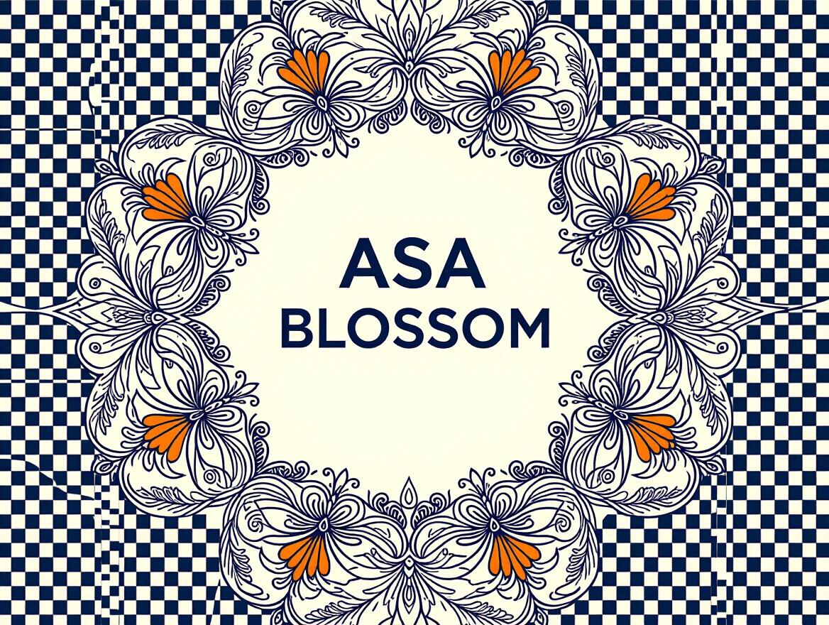 Logo design for ASA BLOSSOM with floral pattern and a transparent background. Text is bold and centered. Decorative elements are intricate and colorful with orange accents.