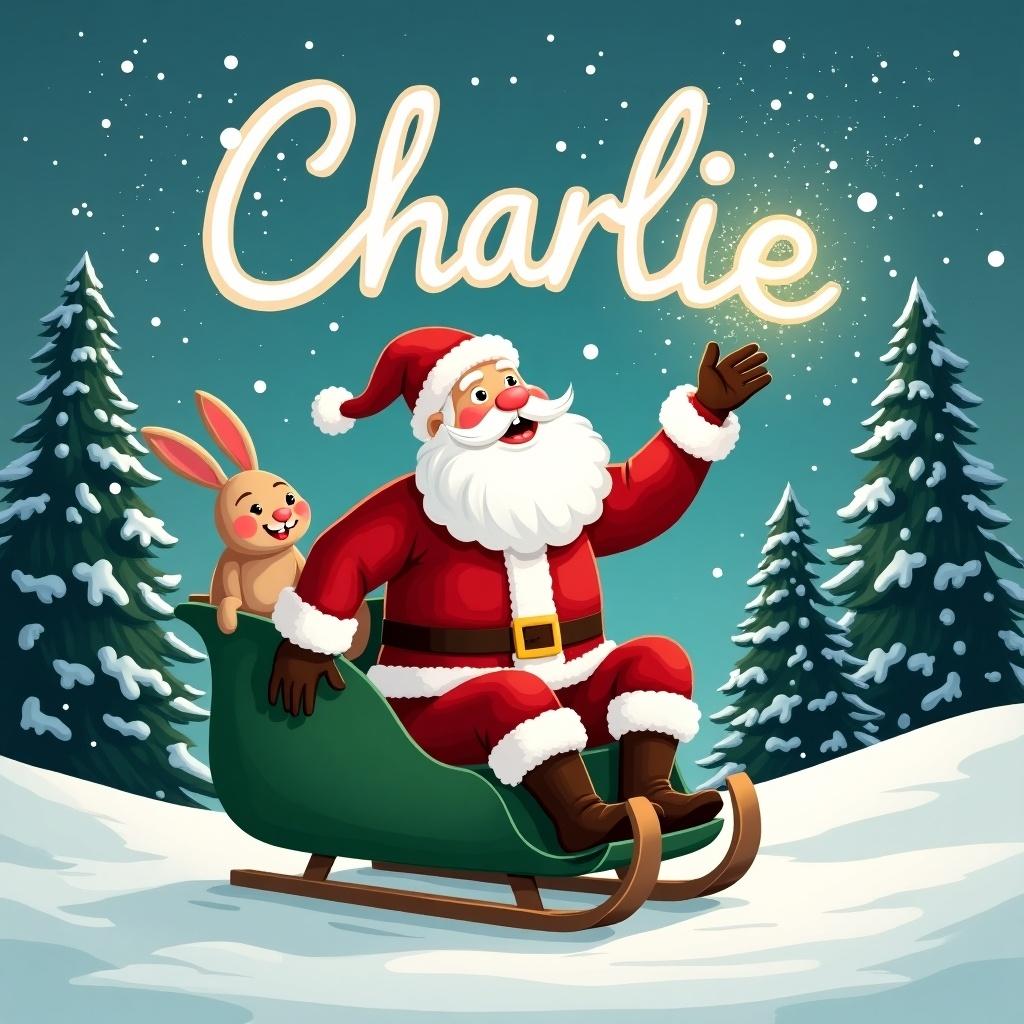 The image depicts Santa Claus in a snowy landscape, joyfully conjuring magical writing in the sky that spells 'Charlie'. He is dressed in a classic red and white suit, sitting in a green sled. A friendly rabbit accompanies him, adding a whimsical touch. Tall evergreen trees dusted with snow create a serene background. The sky is adorned with twinkling stars, enhancing the magical atmosphere. This scene perfectly captures the essence of Christmas and holiday cheer, making it ideal for festive occasions.