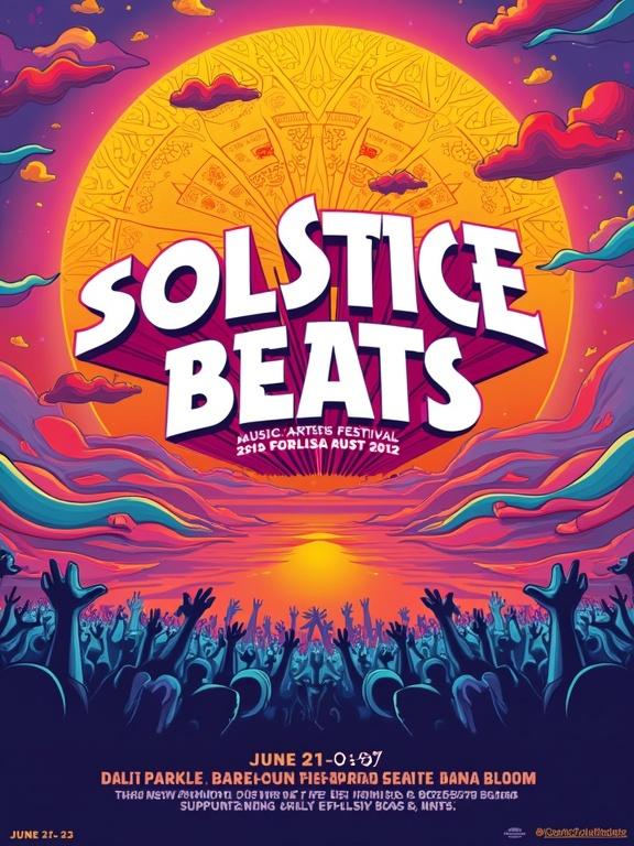 Vibrant festival poster for 'SOLSTICE BEATS Music & Arts Festival'. Stylized psychedelic illustration of a massive radiant sun with geometric patterns. Colors include fiery oranges, deep yellows, and hot pinks. Emanating wavy lines and abstract shapes in cool blues and purples flow downwards. Silhouetted diverse crowd of people dancing at the bottom, hands raised in joy. The name 'SOLSTICE BEATS' in bold white font with a black outline overlays the sun's rays. Artist names listed in smaller funky fonts below the main title. Date 'June 21-23' and location 'Sunset Valley Amphitheater' printed on a dark purple band at the bottom.