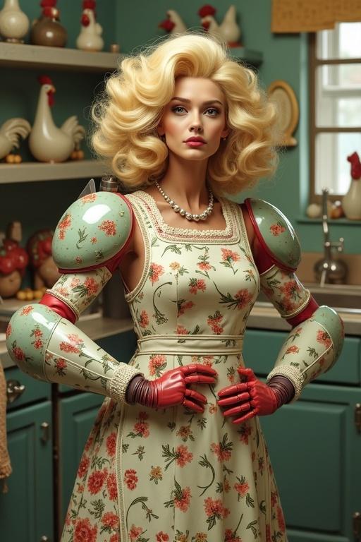 A cyborg named Uschinator as Udo's wife. Huge curled blonde hair. Vintage floral dress with a chicken apron. Futuristic arms with kitchen tools. High-tech vacuum weapon. Thermos flask jetpack. Background full of chicken decorations. Expression is determined and chaotic.