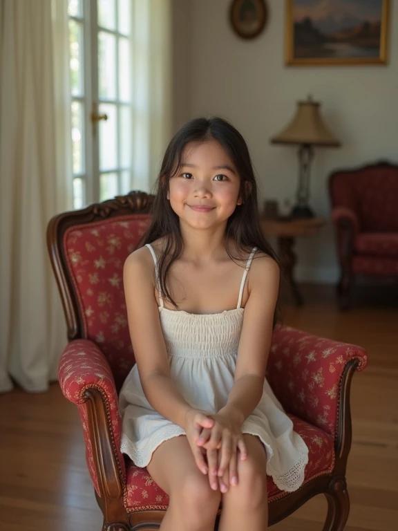 A teenage girl sits in a red upholstered chair in a living room. She wears a mini sundress and has a shy smile. Natural light brightens the scene. The background features elegant furniture.