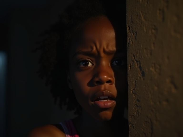 A tense scene in a luxury home with a girl hiding behind a wall. She sees a man and woman plotting. Expressions of anger and fear show in her wide eyes. The scene is dark, emphasizing her emotions.