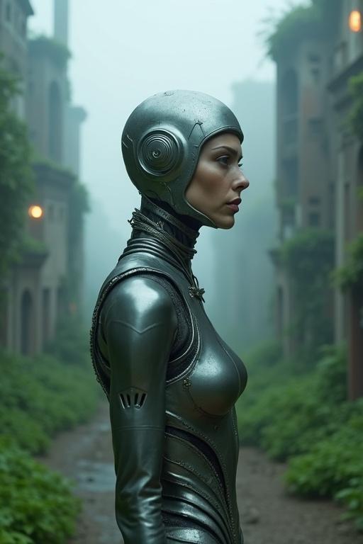 Photograph of a cyborg woman in a metallic bodysuit. Background features a futuristic city with abandoned buildings overgrown with greenery. Fog creates a mysterious atmosphere with glowing lights within structures.
