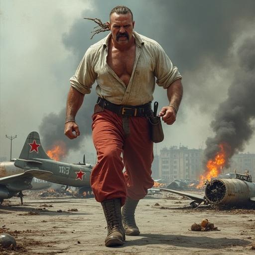A massive muscular Cossack steps over wreckage of burning Soviet-era jet aircraft. Left leg forward, crushing fuselage under boot, right leg bent backward. Clenched fists, flexed arms, fierce snarl. Thick mustache, braided ponytail, shaved head. Wears dirty white linen shirt, baggy red trousers, worn leather boots, dark brown belt. War-torn airfield background under stormy smoke-filled sky. Multiple damaged aircraft with red star markings scattered. Emphasizes Soviet-era symbolism amid destruction. Smoke and flames rising from debris, cracked concrete ground with shrapnel littered.