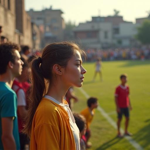 Realistic scene in small local football field. Urban neighborhood with worn buildings and narrow streets. Lively crowd watching game. Young woman in casual clothes, expressive eyes, gazing at player. Atmosphere warm, energetic, authentic with soft afternoon sunlight.