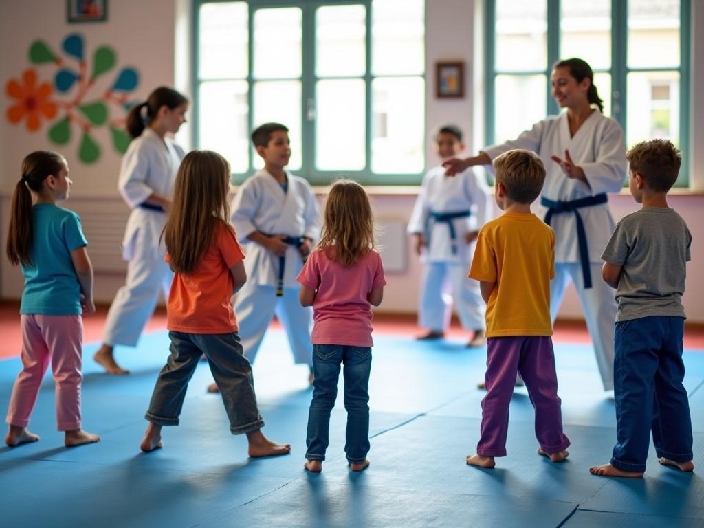 This image shows a martial arts class for children. In the foreground, a group of seven kids is facing two instructors who are demonstrating techniques. The children are dressed in casual clothing, some wearing colorful shirts and pants, while the instructors wear traditional martial arts uniforms. The training takes place in a bright room with mats on the floor and large windows providing natural light. The wall features a decorative mural, adding an artistic touch to the environment. The atmosphere appears engaging and educational as the kids learn and practice martial arts.