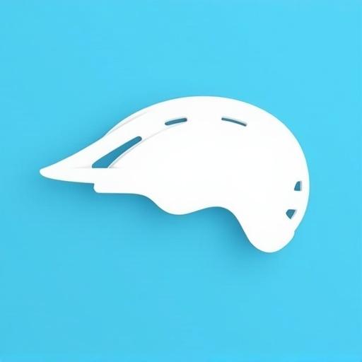 Flat digital illustration of a cyclist helmet. Flat 2D design in side view. Simple white silhouette with clean vector lines. No shading or texture. Stylized aerodynamic shape. Solid white color with minimal detail. Designed for forward-leaning racing position. Placed on solid blue background.