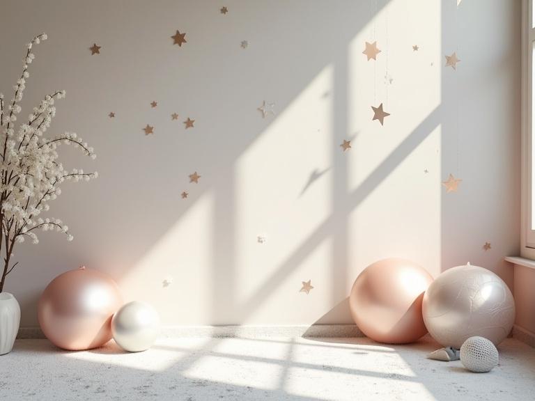 A clean background wall resembling a photography studio decorated with balloons. The floor covered in white fluff resembling snow. Light tones in the decor and birthday style decorations. Features balloons and golden stars. Diffused lights cast soft shadows. Photo taken from a low angle parallel to the floor focusing on the wall.