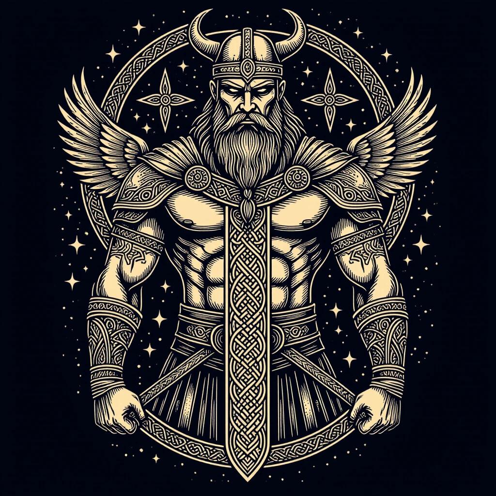 Vector design of a muscular warrior mixing Norse and Roman mythology with Aztec aesthetic. Figure features wings, sword, and intricate patterns. Bold colors with strong detailed line work. Suitable for tattoo artists to download and use.