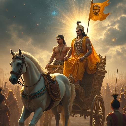 Generate a hyper-realistic image of Lord Krishna on a grand chariot in a battlefield. Krishna wears radiant golden attire and a peacock-feathered crown. Arjuna sits beside him, reflecting inner turmoil. The background shows chaos with warriors and a stormy sky contrasting with Krishna's divine aura. The chariot is drawn by white horses, and a flag with Hanuman flutters.