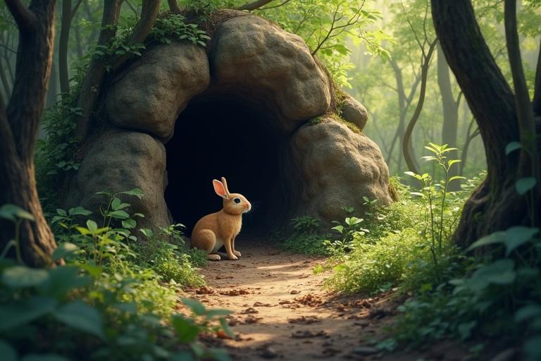 Small cave entrance in forest. Rabbit looking at cave hopefully.