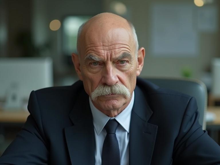 Amateur photo of a serious stocky bald 60 years old professor in a suit with white mustache. Sitting in a bright office with overhead lights.