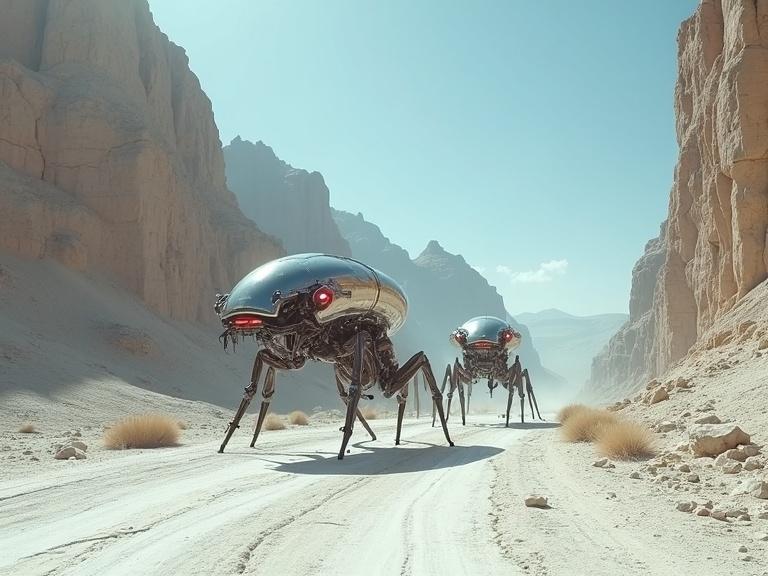 Create an image of huge sleek silver metallic biomechanical cyborg alien robots resembling ants in a white desert. Dark cave tunnels in tall mountain canyon under a white sunny sky. Hard dry cracked ground road with cinematic shadows and realistic textures.
