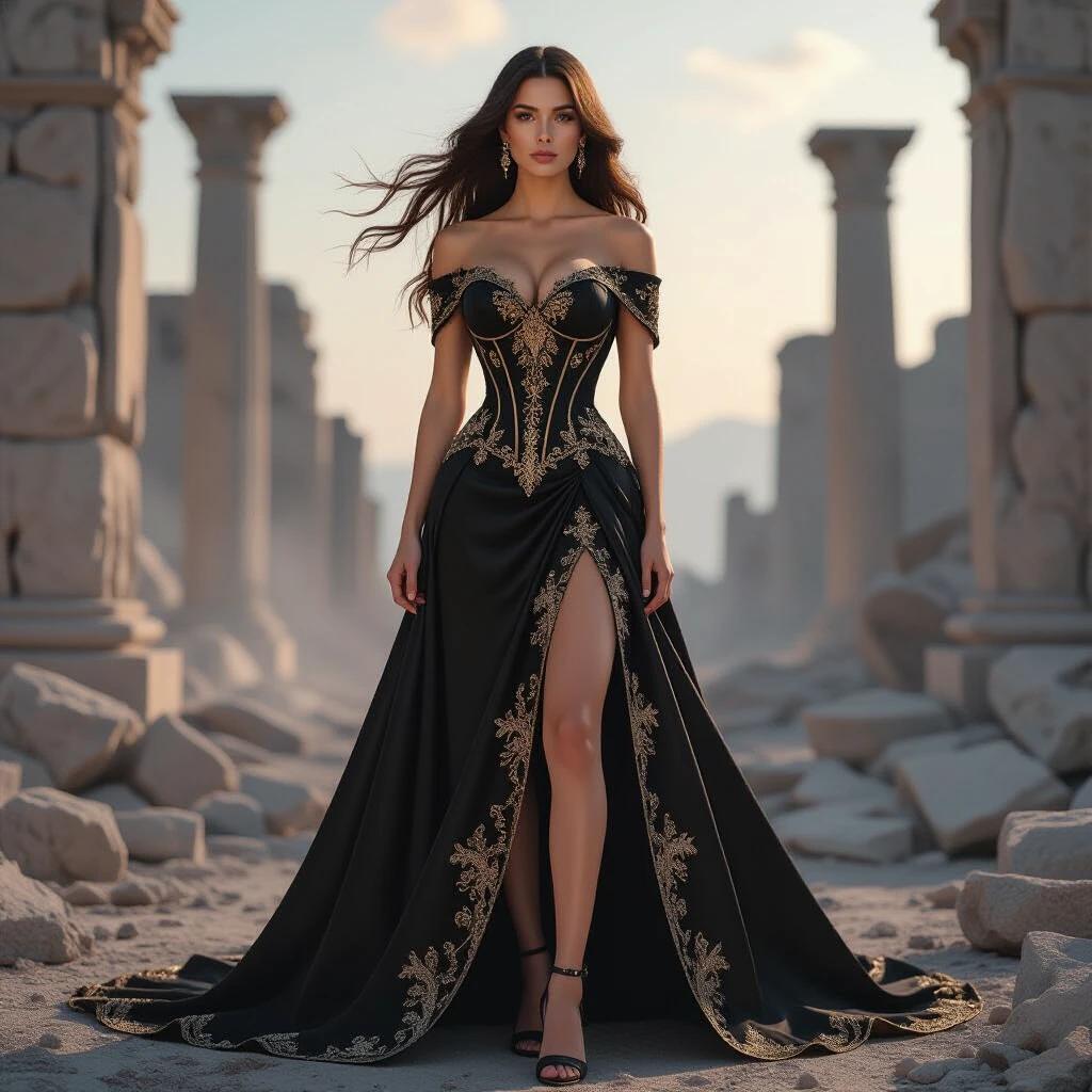 A noblewoman stands confidently at the center wearing an aristocratic gown. The gown is black with gold details. It has an off-shoulder corset bodice and a thigh-high slit. Her hair flows in the wind gently. The background includes softly blurred stone ruins and magical elements. The lighting is dramatic with strong contrast creating a cinematic atmosphere.