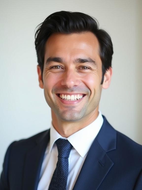 A professional headshot of a confident young businessman with a friendly smile wearing a sharp suit and tie. The background is clean and minimalistic with soft lighting that highlights his face conveying trustworthiness and approachability.