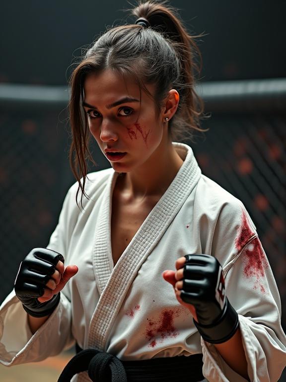 Realistic athletic MMA woman with asymmetrical hairstyle. Wearing worn-out karate gi with bloody smudges. Heavy bruises on face. Appears exhausted but focused to win the fight. Bloody fists holding up in MMA arena.